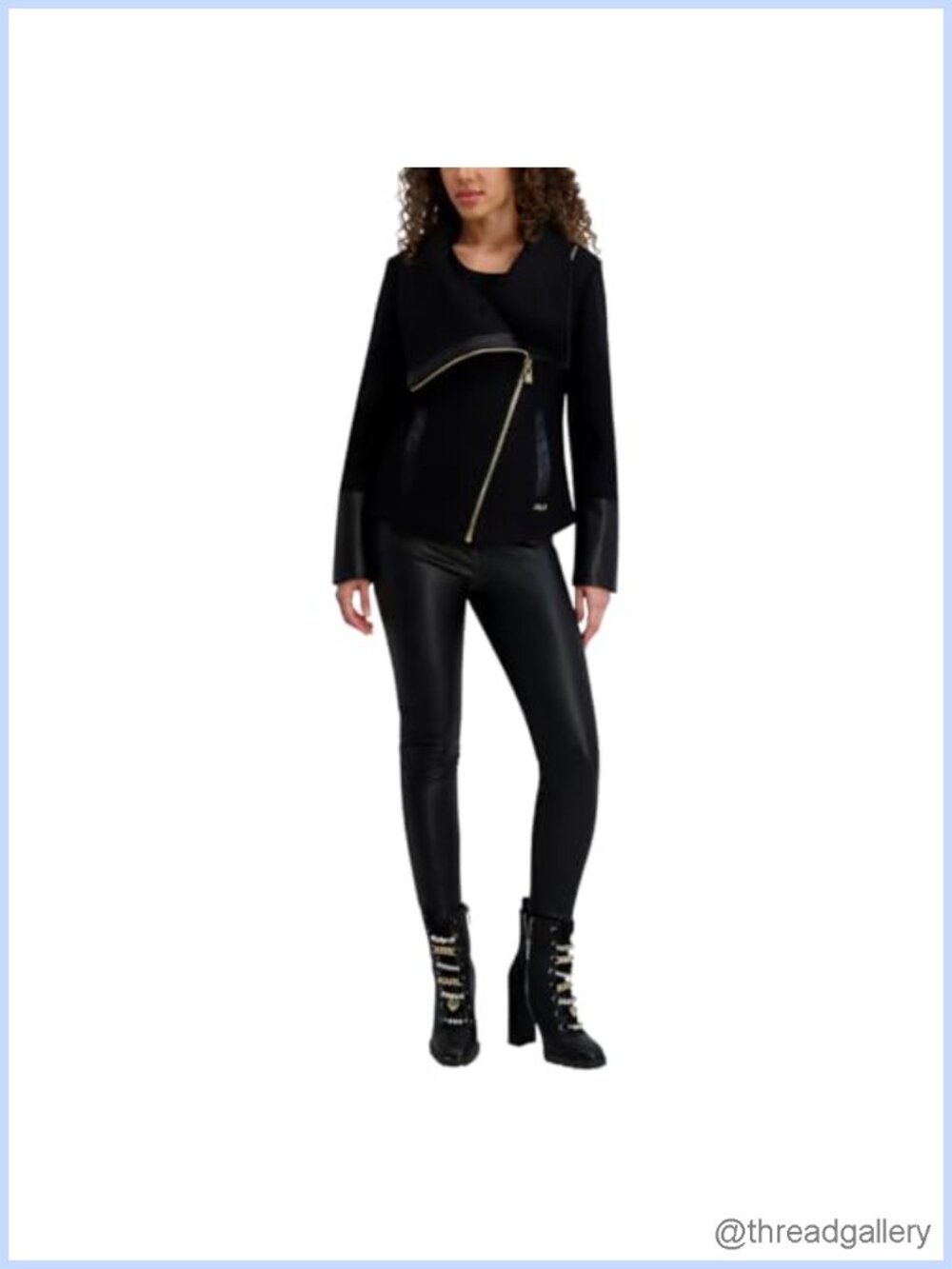 Boiled Wool Short Asymmetrical Zip Coat with Faux Leather Trim